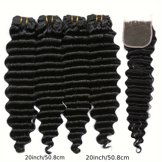 Hair Sophisticated Brazilian Deep Wave Human Hair – 4 Bundles + 4x4 Transparent Lace Closure | 100% Unprocessed Virgin Hair | Free Part | 5-Piece Bundle Deal