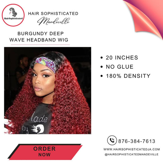 Burgundy deep wave headband wig