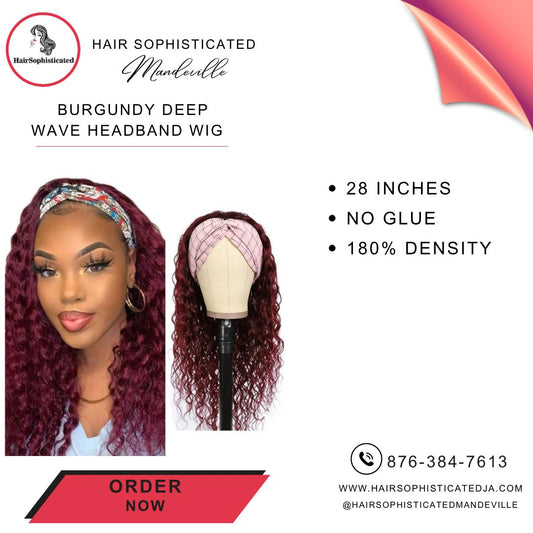 Burgundy deep wave headband wig