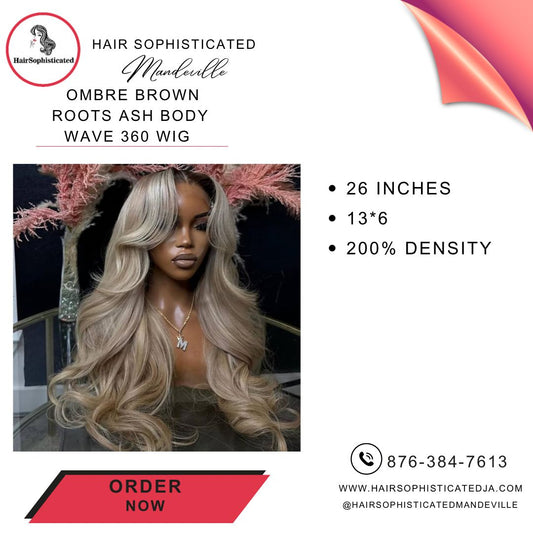 Ombre brown roots ash body wave 360 wig