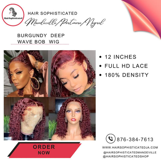 Burgundy deep wave bob wig