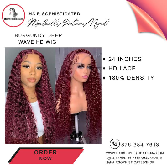 Burgundy deep wave HD wig